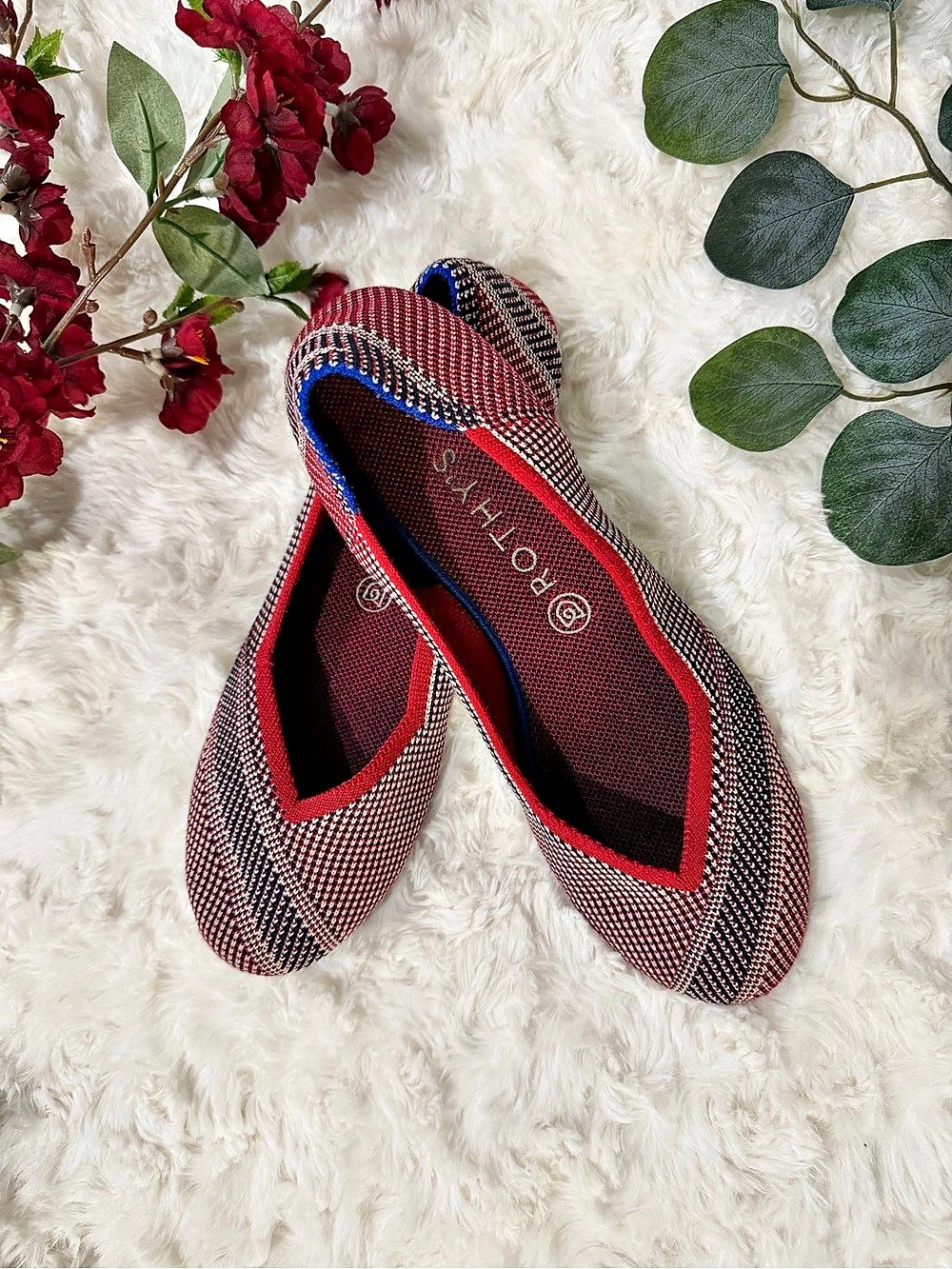 Rothy's The Point Red Houndstooth Flats Red & Black With Blue Accents US 10.5